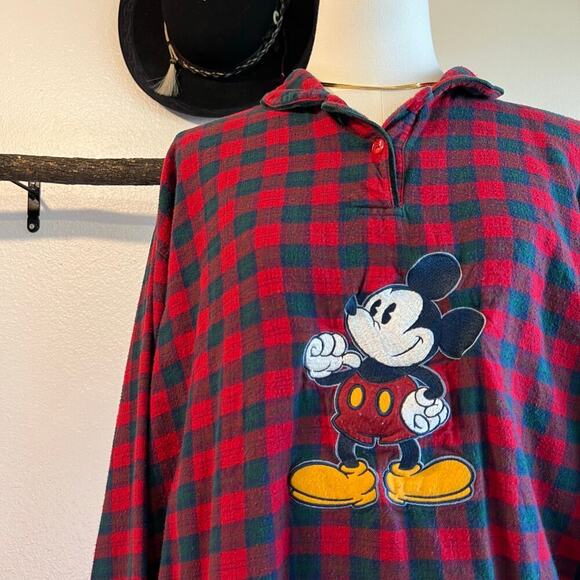 Vintage 90s Disney Mickey Mouse Red Cotton Flannel Sleep Shirt Size XL - Picture 2 of 12